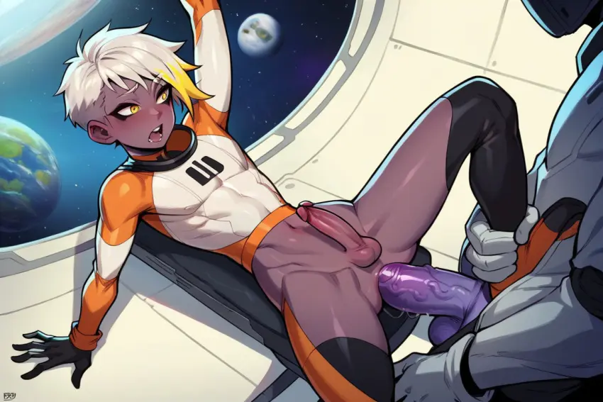 Image white_hair,male,yellow_eyes,2boys,ai_generated,anal,anal_sex,femboy,male_only,purple_skin,spacesuit,planet,space,alien,alien_boy,purple_penis,spaceship