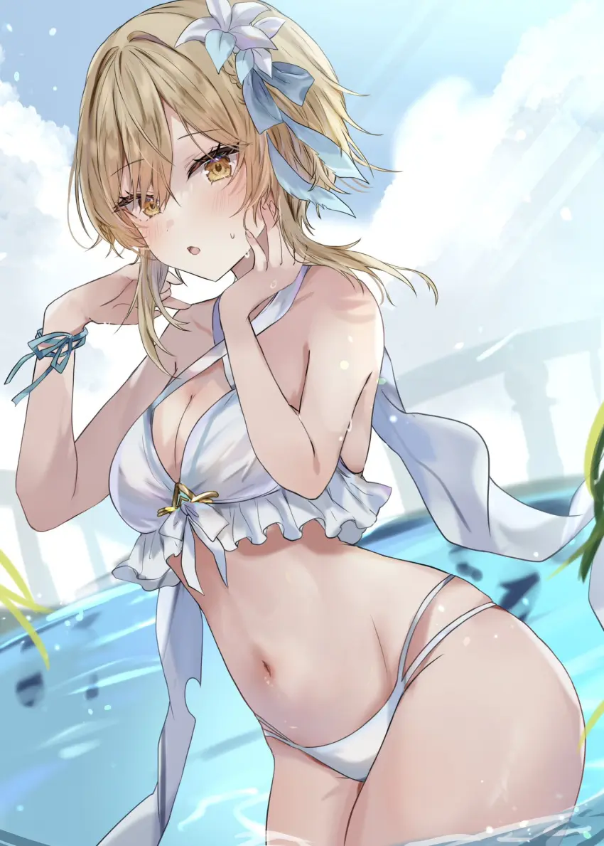 Image 1girls,blush,breasts,female,female_only,highres,light-skinned_female,light_skin,looking_at_viewer,solo,standing,short_hair,yellow_eyes,bikini,female_focus,water,flower_in_hair,sky,standing_in_water,belly,belly_button,solo_female,2d,blonde_hair,medium_breasts,swimsuit,genshin_impact,outdoors,hourglass_figure,white_bikini,alternate_costume,flower,2d_(artwork),young,high_resolution,thong,front_view,younger_female,day,mihoyo,summer,hoyoverse,clouds,thong_bikini,two_piece_swimsuit,lumine_(genshin_impact),maruro,multi-strapped_bikini