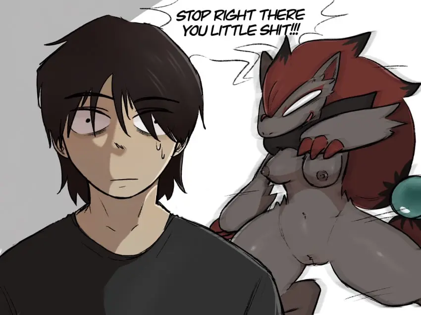 Image breasts, clothed, clothing, female, hi_res, human, male, navel, pokemon, pokemon_(species), pussy, duo, anthro, nintendo, fur, genitals, grey_body, grey_fur, mammal, dialogue, biped, generation_5_pokemon, speech_bubble, red_body, red_fur, zoroark, svkhaiminh
