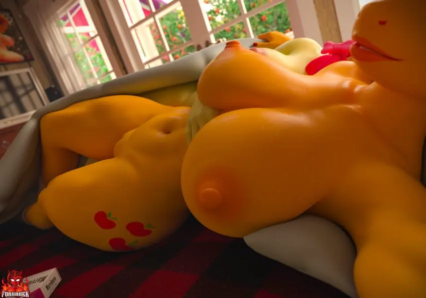 Image big_breasts,breasts,female,hairbow,hi_res,nipples,smile,navel,nude,pussy,red_hair,freckles,areola,accessory,hair_accessory,solo_focus,hair,anthro,text,lips,hair_ribbon,on_bed,bed,3d,genitals,mammal,yellow_body,selfie,english_text,orange_body,anthrofied,female/female,friendship_is_magic,hasbro,my_little_pony,furniture,equid,equine,horse,pony,ribbons,incest_(lore),sibling_(lore),sister_(lore),bow_ribbon,applejack_(mlp),apple_bloom_(mlp),earth_pony,sisters_(lore),forsaken_(artist)