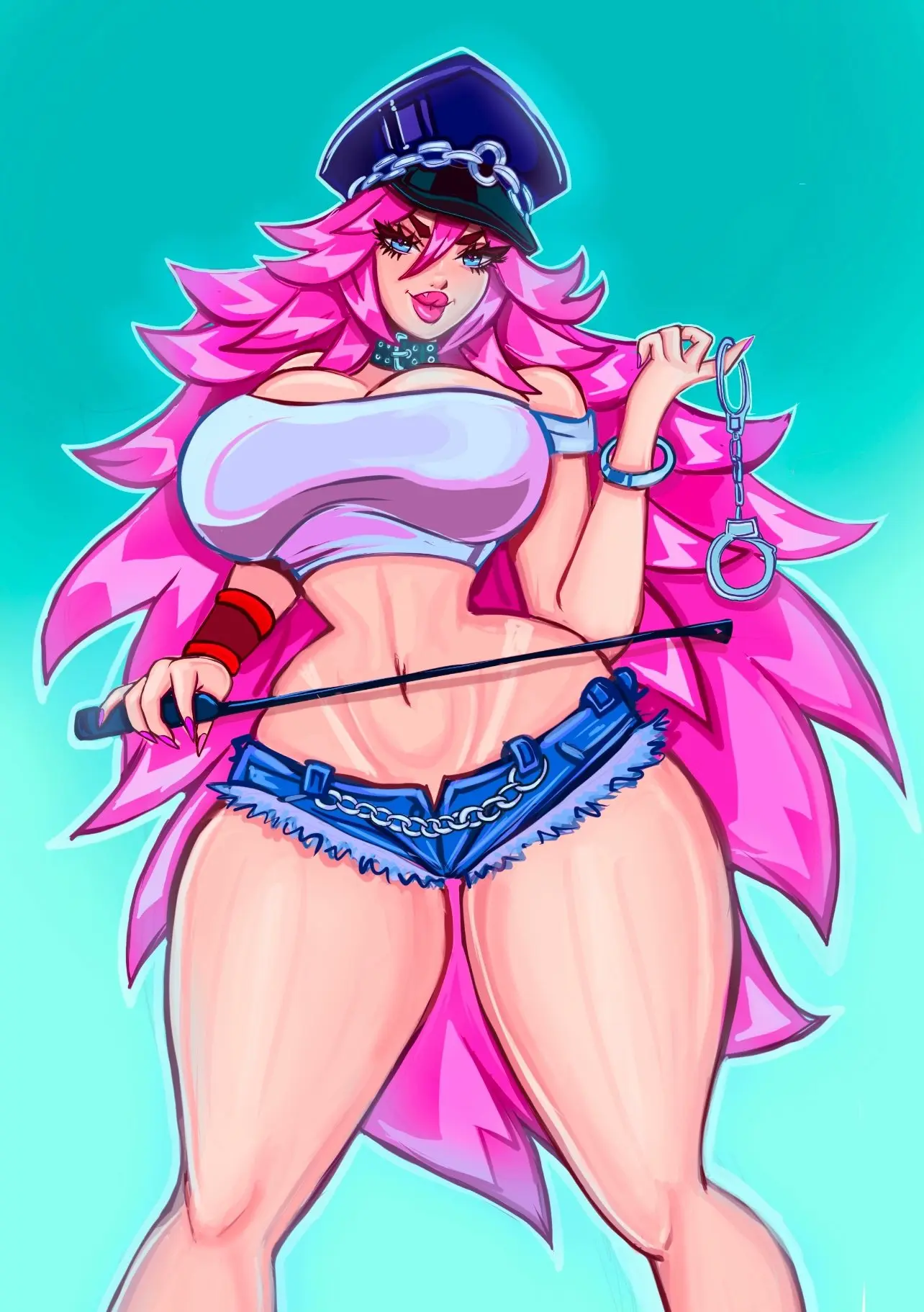 Image 1girls,big_breasts,breasts,female,female_only,long_hair,solo,blue_eyes,thick_thighs,pink_hair,peaked_cap,fully_clothed,long_legs,street_fighter,handcuffs,final_fight,poison_(final_fight),theartofmathew