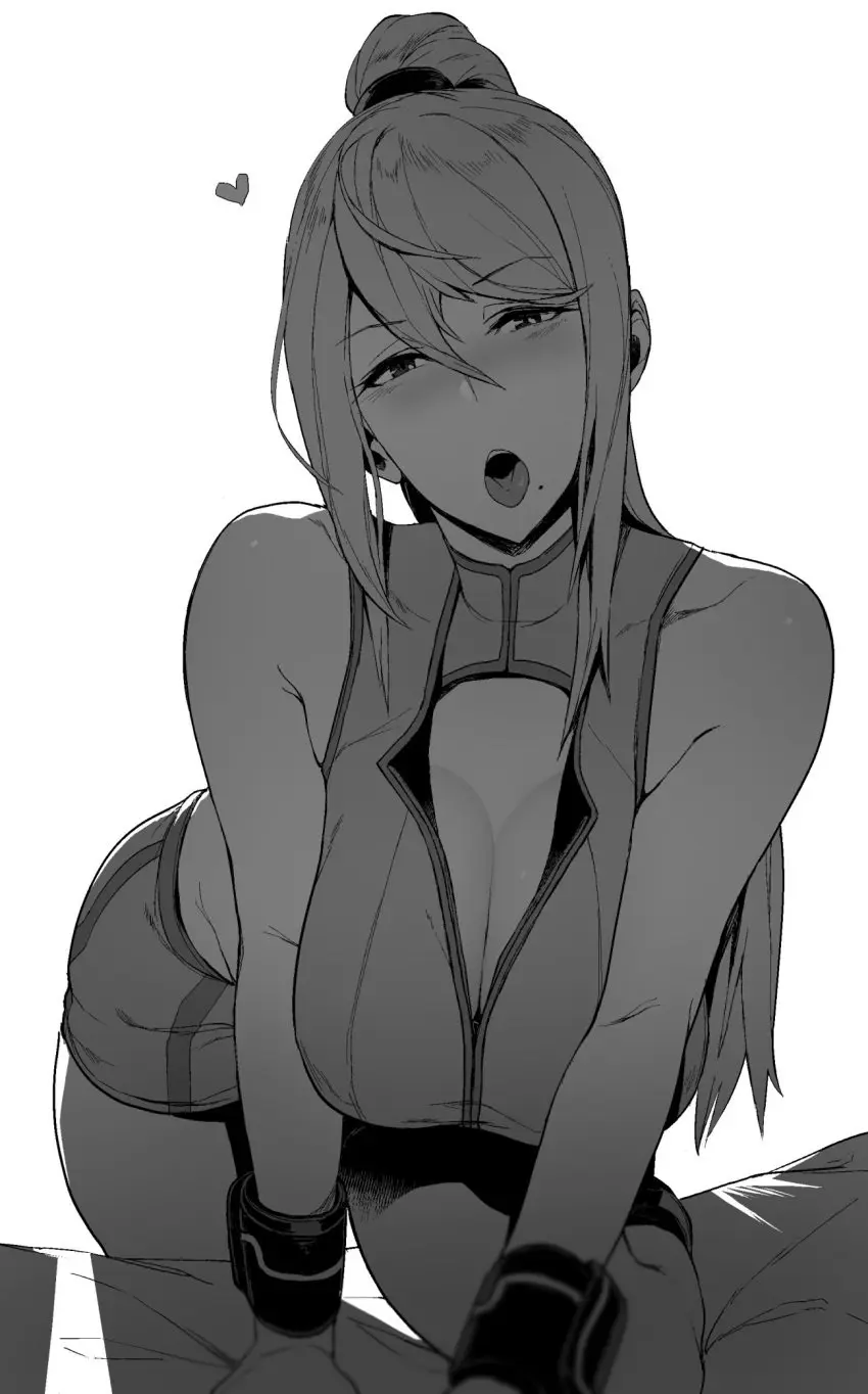 Image blush,breasts,female,highres,large_breasts,long_hair,looking_at_viewer,open_mouth,solo,ponytail,mole,monochrome,mole_under_mouth,metroid,samus_aran,greyscale,messatsu_tan