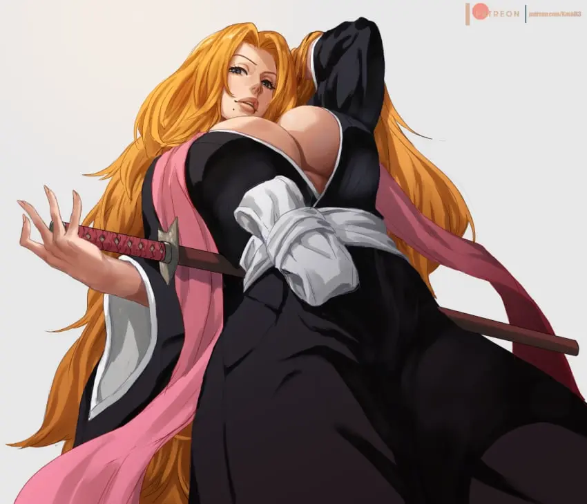 Image 1girls,breasts,female,large_breasts,long_hair,looking_at_viewer,simple_background,solo,blue_eyes,voluptuous,patreon_username,cleavage,underboob,blonde_hair,parted_lips,mole,lifted_by_self,commentary_request,bleach,mole_under_mouth,kimono,sheath,black_kimono,commentary,japanese_clothes,wide_sleeves,arm_behind_head,english_commentary,mixed-language_commentary,hair_lift,matsumoto_rangiku,shawl,sheathed,kasai_x3,lejeanx3,pink_shawl,rejean_dubois
