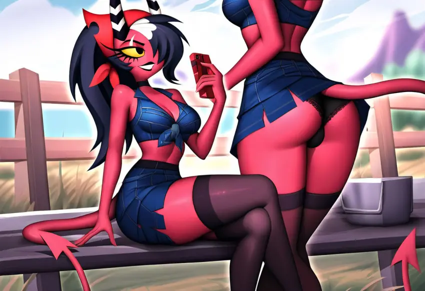 Image 1futa,futanari,intersex,ai_generated,demon,stockings,futa_only,demon_girl,skirt,red_skin,helluva_boss,novelai,imp,demon_futa,sallie_may_(helluva_boss)