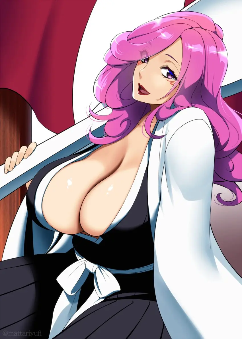 Image 1girls,breasts,female,highres,long_hair,long_sleeves,looking_at_viewer,open_mouth,solo,voluptuous,milf,cleavage,huge_breasts,pink_hair,purple_eyes,upper_body,commentary_request,bleach,kimono,black_kimono,japanese_clothes,red_lips,haori,sash,carrying_over_shoulder,hikifune_kirio,mattari_yufi,taichou_haori