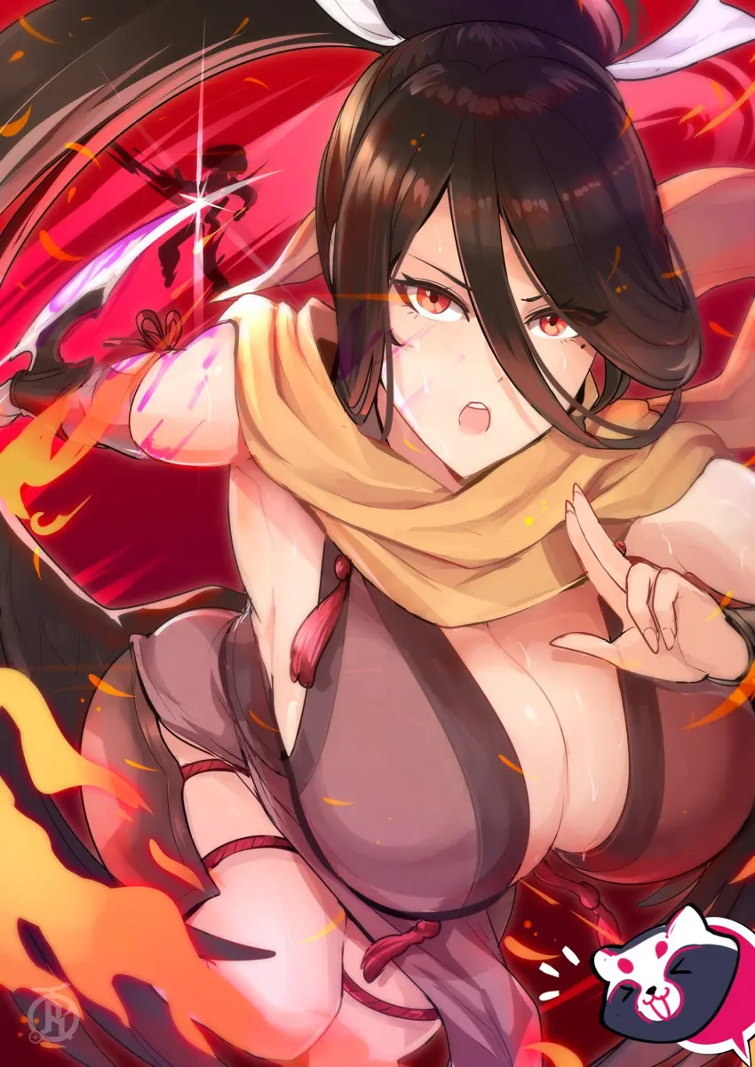 Image 1girls,breasts,female,large_breasts,light-skinned_female,light_skin,long_hair,red_eyes,blue_archive,thighs,cleavage,brown_hair,nintendo,hasumi_(blue_archive),alternate_costume,fire_emblem,fire_emblem_fates,cosplay,crossover,kagero_(fire_emblem)_(cosplay),revolverwingstudios