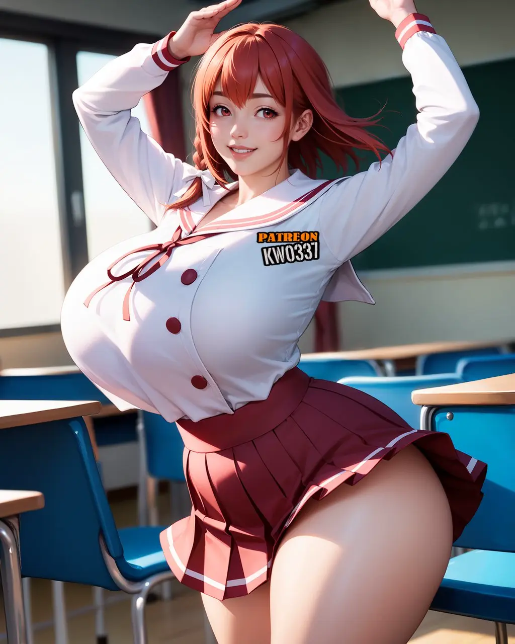 Image 1girls,big_breasts,breasts,female,female_only,solo,red_hair,ai_generated,solo_female,pink_hair,miniskirt,bimbo,bimbo_body,kw0337,maroon_hair