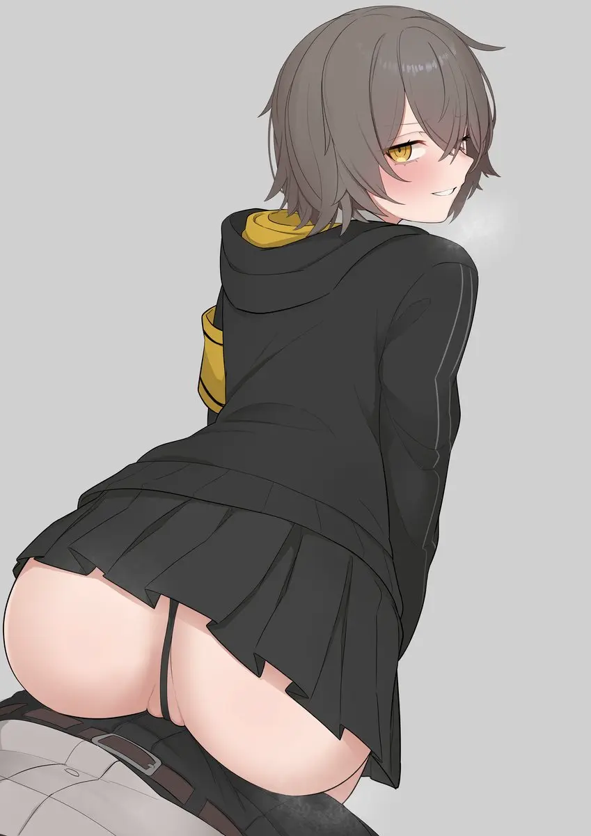 Image 1girls,blush,clothed,clothing,female,grey_hair,simple_background,1boy,male,pussy,short_hair,yellow_eyes,ass,colored,looking_back,color,pussy_peek,sitting,cameltoe,skirt,jacket,blushing_at_viewer,thong,sitting_on_person,girls'_frontline,sitting_on_lap,short_skirt,asking_for_it,ump45_(girls'_frontline),re1kirisaki342