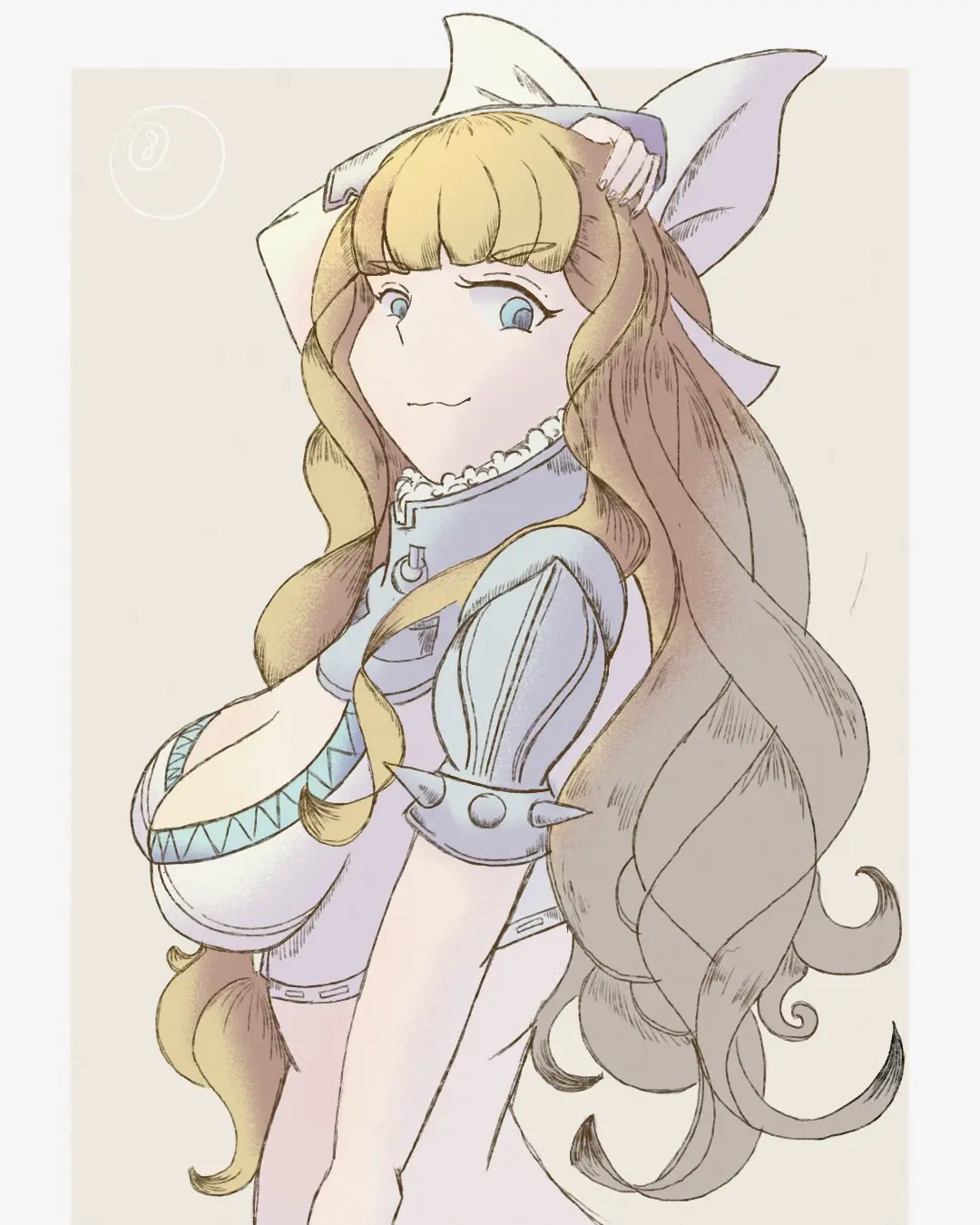 Image 1girls,breasts,female,female_only,long_hair,smile,solo,very_long_hair,bangs,blue_eyes,heart-shaped_pupils,tongue_out,tongue,cleavage,blonde_hair,medium_breasts,nintendo,upper_body,wavy_mouth,:3,fire_emblem,yellow_hair,fire_emblem_fates,arm_up,naughty_face,:p,bikini_armor,arm_above_head,hand_on_own_head,08_drw,charlotte_(fire_emblem)
