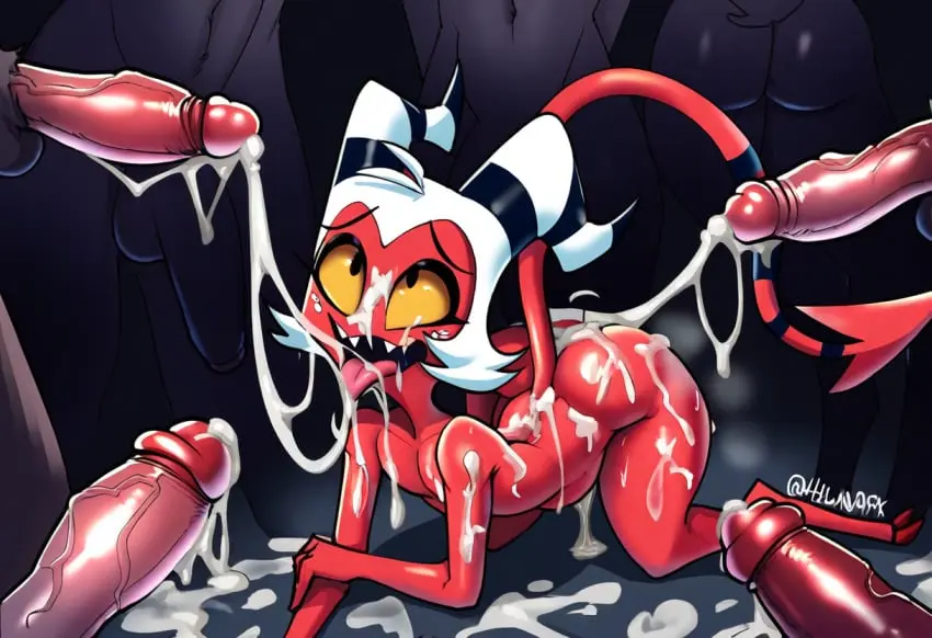 Image white_hair,1boy,cum,male,horns,ai_generated,yaoi,demon,demon_boy,gay,multiple_boys,red_skin,helluva_boss,covered_in_cum,gangbang,novelai,moxxie_(helluva_boss)