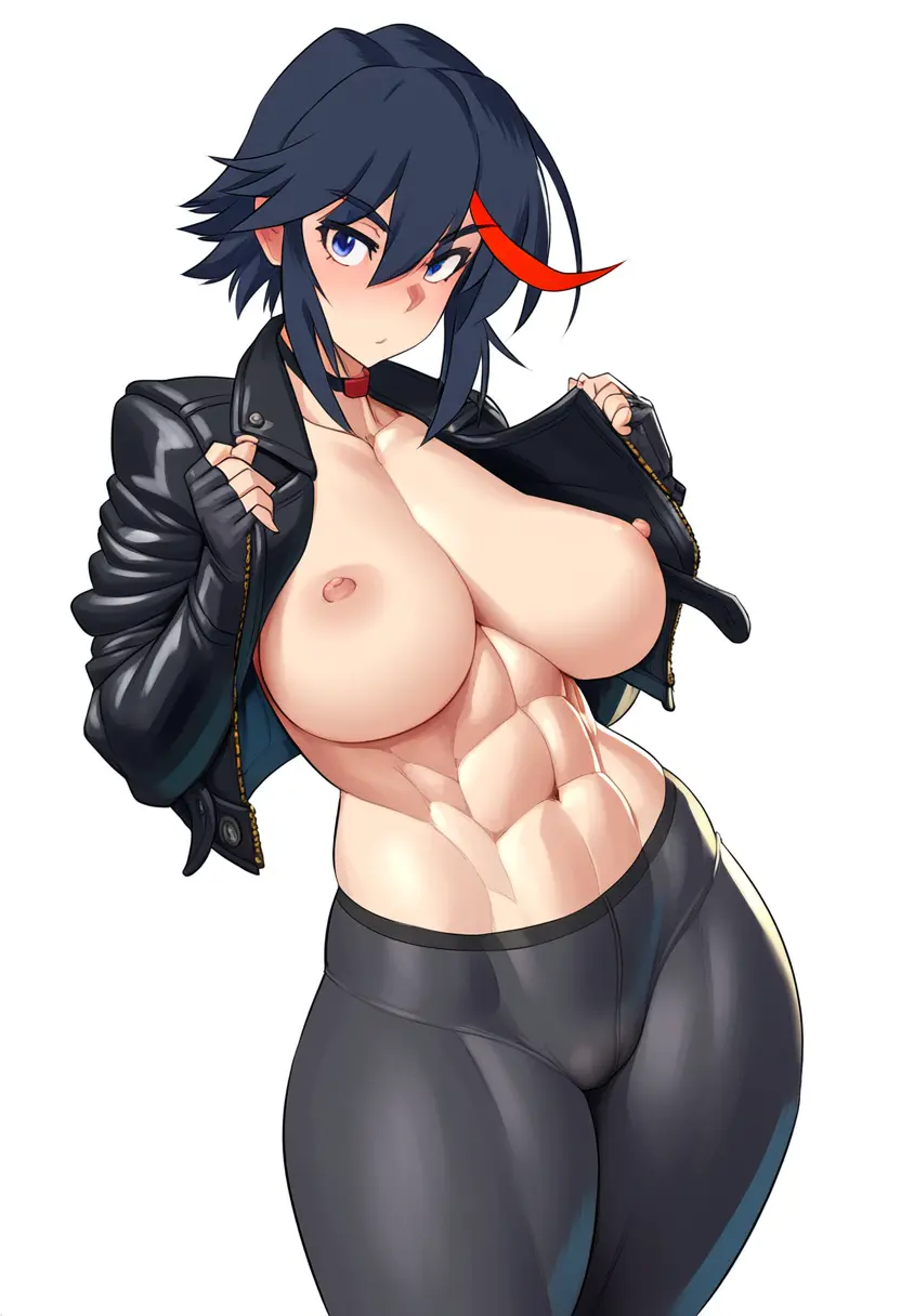 Image breasts,exposed_breasts,female,shiny_skin,solo,short_hair,choker,muscular,ai_generated,midriff,self_upload,kill_la_kill,matoi_ryuuko,abs,muscular_female,tomboy,open_jacket,showing_off