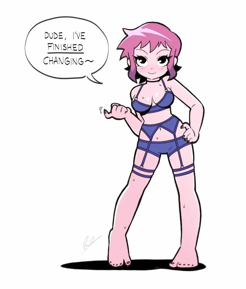 Image 1girls,blush,female,light-skinned_female,light_skin,solo,short_hair,sweat,panties,underwear,two_tone_hair,solo_female,pink_hair,nail_polish,purple_hair,hand_on_hip,black_eyes,garter_belt,garter_straps,ramona_flowers,scott_pilgrim,purple_underwear,brown_nails,rizyrafiq