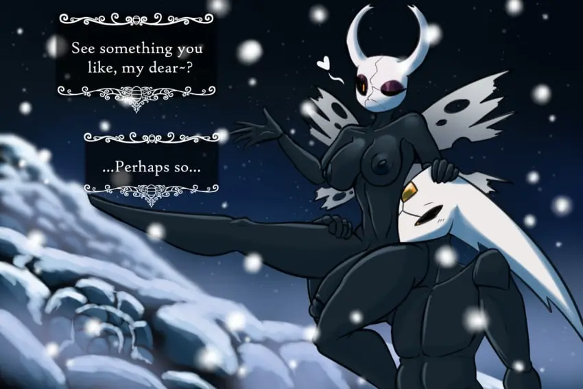 Image breasts,nipples,standing,1boy,hand_on_head,male,nude,penis,1futa,duo,futanari,intersex,belly,digital_media_(artwork),eyebrows,gem,wings,text,one_eye_closed,sitting,genitals,dialogue,arthropod,black_body,black_eyes,hollow_knight,horn,team_cherry,looking_at_penis,eyeshadow,makeup,5_fingers,outside,fingers,glans,heart_symbol,black_penis,hand_on_leg,hand_on_thigh,pupils,black_legs,snow,black_nipples,forehead_gem,winter,snowing,2_horns,looking_at_genitalia,white_text,black_glans,orange_pupils,black_breasts,cracks,harrold_(latiar),latiar,scarlet_lady_(peacefultreasu1),sitting_on_shoulder