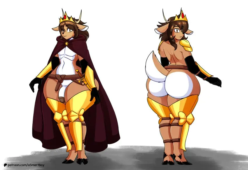Image brown_eyes,clothing,hi_res,looking_at_viewer,simple_background,smile,solo,standing,white_background,bangs,black_gloves,elbow_gloves,gloves,male,navel,penis,ass,big_butt,bottom_heavy,huge_butt,looking_back,thick_thighs,humanoid_penis,wide_hips,femboy,male_only,gold_(metal),headgear,straps,hair,anthro,absurd_res,brown_hair,medium_hair,flaccid,fur,genitals,mammal,multicolored_body,multicolored_fur,two_tone_body,two_tone_fur,rear_view,black_nose,2024,white_body,front_view,humanoid_genitalia,weapon,brown_fur,deer,handwear,hooves,brown_body,white_fur,armwear,looking_back_at_viewer,armor,crown,mostly_nude,black_clothing,sword,royalty,melee_weapon,countershading,black_handwear,mouth_closed,brown_clothing,huge_hips,closed_smile,hooved_toes,white_countershading,black_armwear,cloak,gold_armor,king,scabbard,black_elbow_gloves,brown_cloak,brown_hood,leg_armor,arm_guards,asmartboy,medium_tail,shoulder_guards
