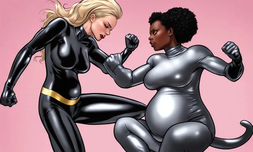 Image female,ai_generated,pregnant,pregnant_female,dark-skinned_female,latex,yuri,fight,latex_suit,fighting_stance,superhero,punch