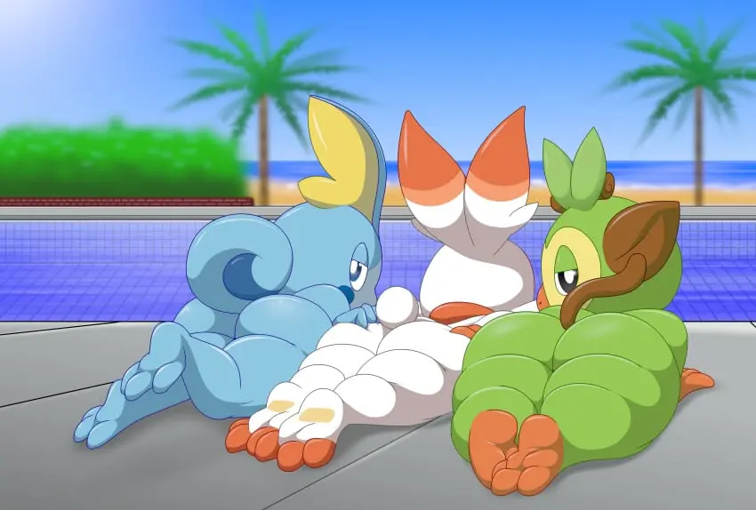 Image hi_res,looking_at_viewer,nude,pokemon,pokemon_(species),ass,beach,water,absurd_res,ambiguous_gender,nintendo,mammal,blue_body,white_body,green_body,scalie,pool,plant,short_stack,lagomorph,group,trio,generation_8_pokemon,scorbunny,monkey,haplorhine,primate,adeviantcritter,grookey,sobble