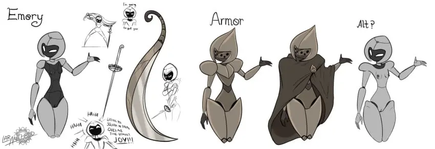 Image 1girls,clothing,female,hi_res,nipples,solo,standing,nude,pussy,artist_name,digital_media_(artwork),eyebrows,shadow,text,genitals,grey_body,holding_object,dialogue,arthropod,black_body,hollow_knight,motion_lines,5_fingers,fingers,holding_weapon,weapon,armor,white_eyes,sword,question_mark,2020,melee_weapon,model_sheet,brown_clothing,twitching,exclamation_point,black_text,cloak,raised_hand,hand_on_arm,laugh,nail_(weapon),brown_cloak,black_face,emery_(latiar),latiar,big_sword