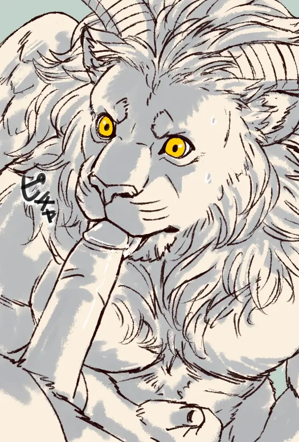 Image licking,licking_penis,male,oral,penis,yellow_eyes,uncensored,fellatio,muscular,muscular_male,horns,2boys,yaoi,solo_focus,pointy_ears,bara,demon_horns,monochrome,multiple_boys,upper_body,thick_eyebrows,large_penis,translation_request,male_focus,pectorals,large_pectorals,spot_color,dungeon_meshi,wide-eyed,monster_boy,winged_lion_(dungeon_meshi),urabiko