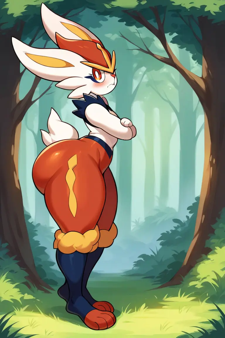 Image looking_at_viewer,pokemon,big_ass,big_butt,huge_ass,ai_generated,curvy_hips,angry,angry_face,pouting,cinderace