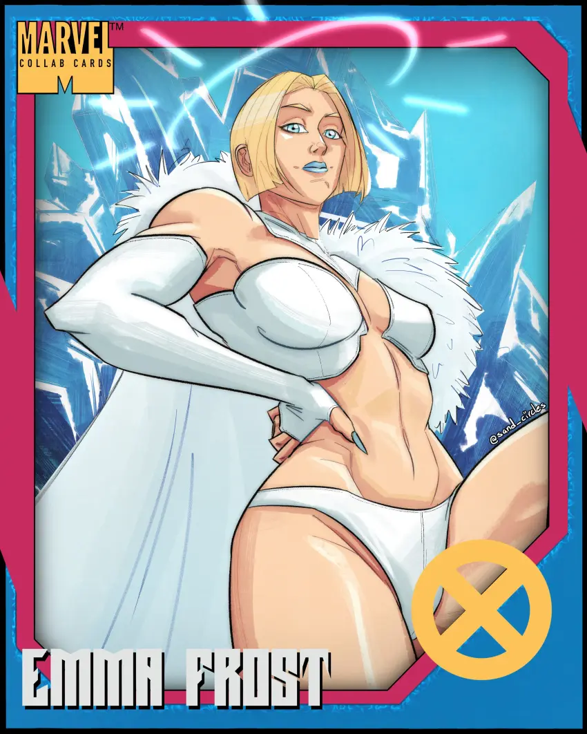 Image 1girls,female,light-skinned_female,light_skin,blue_eyes,artist_name,cleavage,blonde_hair,curvy,cape,revealing_clothes,fingerless_gloves,white_fur,painted_nails,marvel,marvel_comics,x-men,blue_lipstick,painted_fingernails,card,mutant,emma_frost,white_queen,blue_fingernails,card_(medium),trading_card,white_outfit,sand_circles