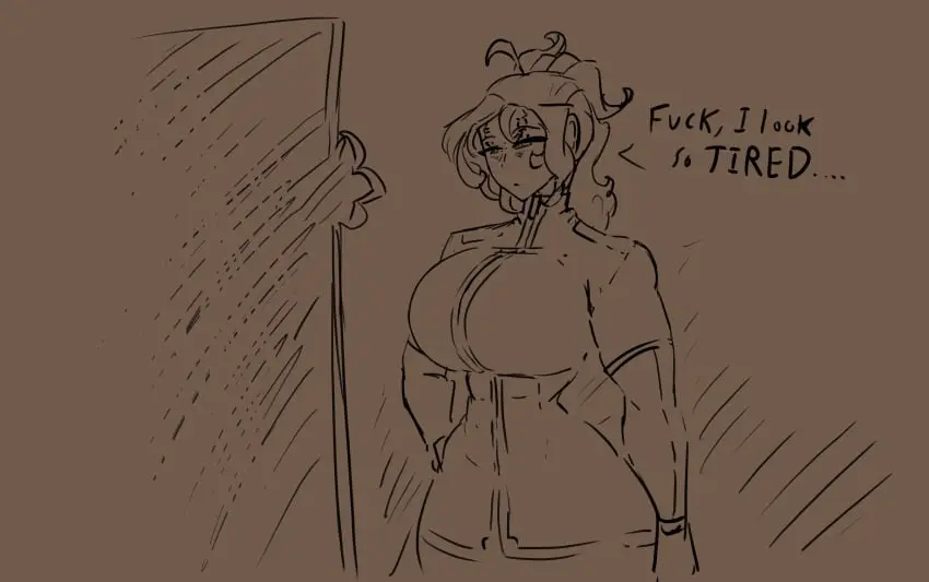 Image 1girls, big_breasts, breasts, clothing, female, female_only, solo, ponytail, text, dialogue, english_text, 2024, sketch, rule_63, warhammer_(franchise), warhammer_40k, tired, messy_hair, mirror, imperium_of_man, primarch, tired_eyes, jakearmorsmith, tired_look, lorgar_aurelian, word_bearers