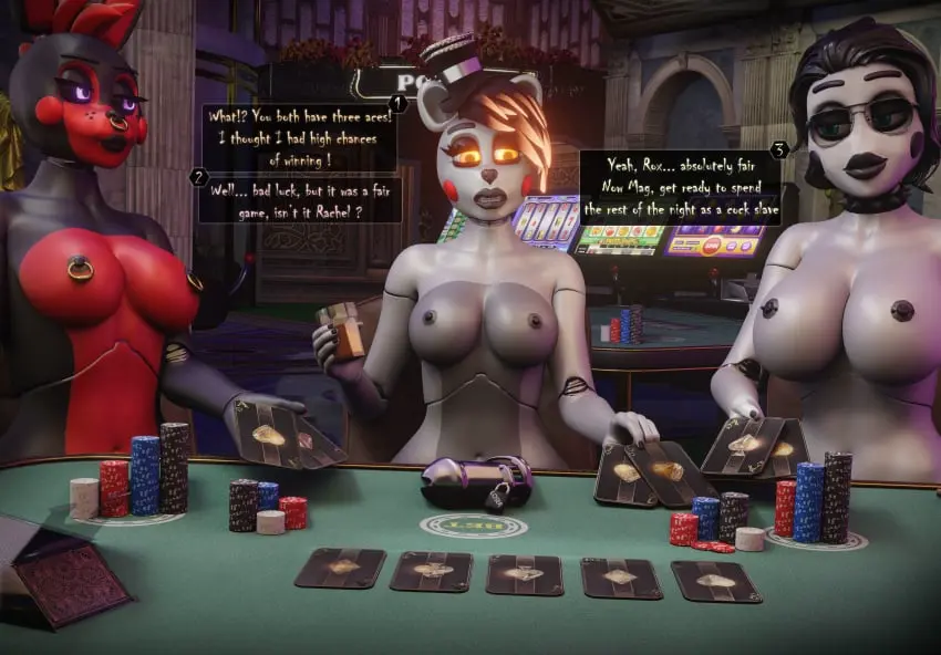 Image furry,futanari,intersex,anthro,futa_only,3d,glowing_eyes,comic,chastity_cage,oc,robot,five_nights_at_freddy's,animatronic,cards,3futas,casino,poker_chip,gambling,betting,poker,mag(character),magniym,rachel_(fnafgamern),roxy_(rktzxq)