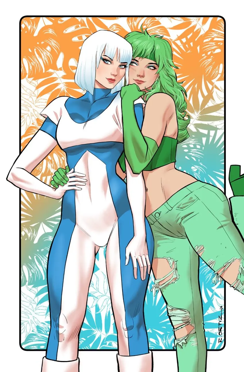 Image female,light-skinned_female,light_skin,white_hair,2girls,blue_eyes,gloves,headband,green_eyes,green_hair,fit,fit_female,artist_signature,tight_clothing,dc,dc_comics,superheroine,ripped_jeans,fire_(dc),beatriz_da_costa,ice_(dc),richard_ortiz,tora_olafsdotter