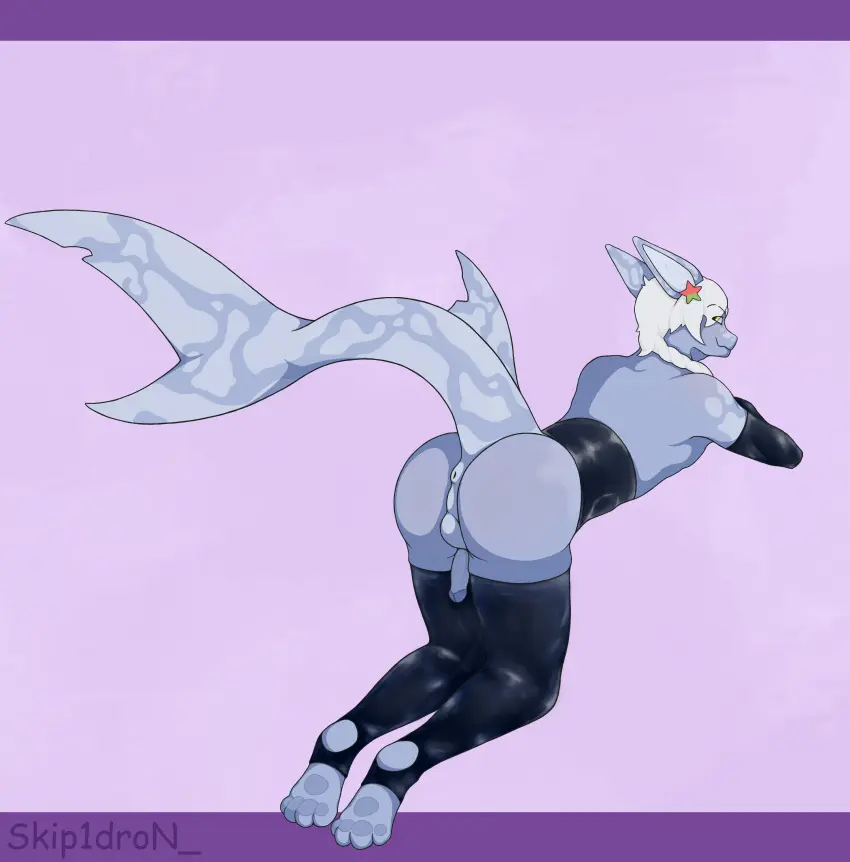 Image blush, clothing, hi_res, looking_at_viewer, simple_background, smile, solo, white_hair, male, penis, tail, ass, artist_name, balls, hair, anthro, anus, stockings, absurd_res, genitals, latex, latex_clothing, legwear, thigh_highs, fish, marine, shark, markings, handwear, tail_markings, armwear, perineum, pawpads, latex_handwear, latex_legwear, puffy_anus, penis_backwards, big_tail, latex_stockings