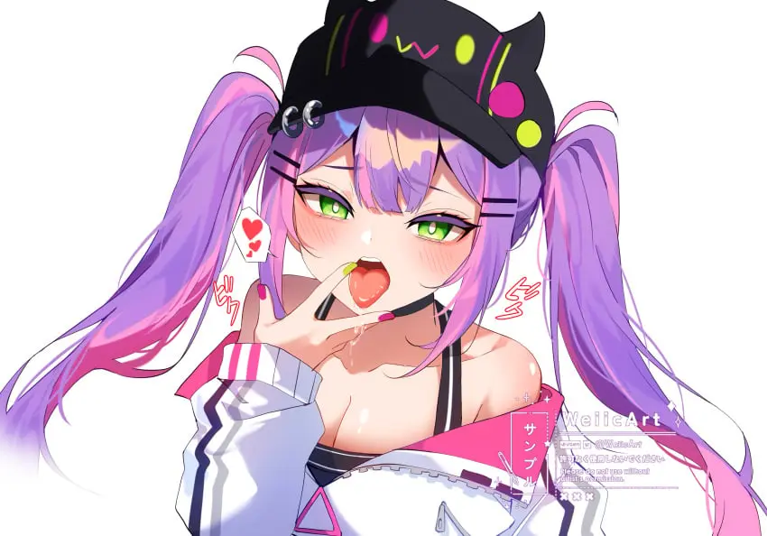 Image breasts,female,highres,open_mouth,solo,absurdres,cum,cum_in_mouth,hat,virtual_youtuber,cleavage,medium_breasts,hololive,hololive_japan,after_fellatio,purple_hair,twintails,holoforce,succubus,black_hat,tokoyami_towa,weiic