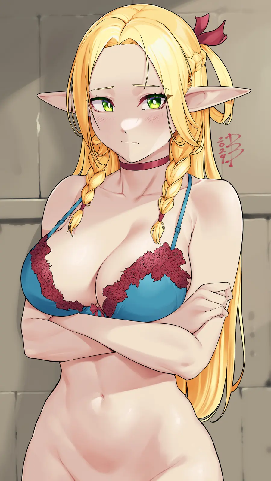 Image 1girls,bow,female,light-skinned_female,light_skin,navel,choker,bra,cleavage,blonde_hair,green_eyes,elf,busty,artist_signature,upper_body,elf_ears,elf_female,braided_hair,undressed,dungeon_meshi,marcille_donato,arms_crossed,pantyless,delicious_in_dungeon,bow_bra,bellybutton,damobelmont,damodar
