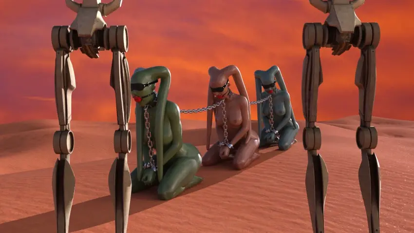 Image female,multiple_girls,nude,barefoot,kneeling,nude_female,naked,green_skin,3d,captured,defeated,submissive_female,bad_end,3girls,original_characters,femsub,chains,blindfold,chained,star_wars,alien,alien_girl,blue_skin,ball_gag,gagged,alien_humanoid,twi'lek,android,slave,desert,enslaved,multiple_subs,prisoner,linked_collar,imprisoned,battle_droid,coffle,defaultusername,magenta_skin,slave_raid