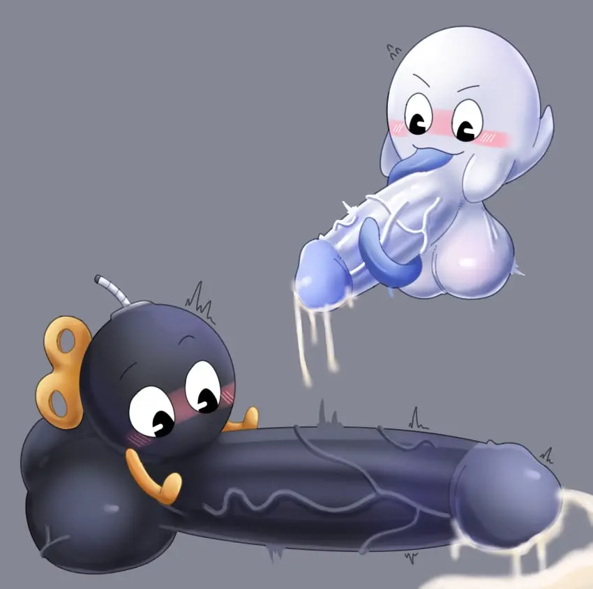 Image simple_background,cum,male,penis,2boys,male_only,balls,veiny_penis,testicles,boo_(mario),ghost,mario_(series),hyper_balls,hyper_penis,non-human,cum_puddle,cutetory,bob-omb,waddling_head