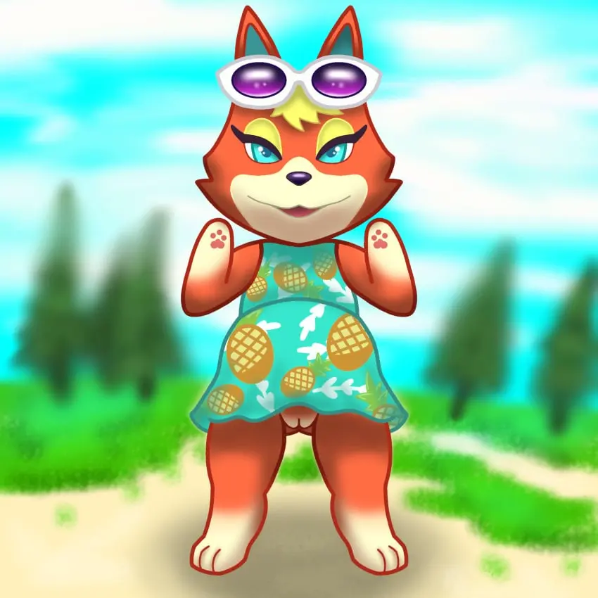 Image clothing,female,hi_res,looking_at_viewer,solo,blue_eyes,pussy,furry,barefoot,feet,sky,eyelashes,solo_focus,eyewear,hair,anthro,blonde_hair,dress,nintendo,canid,canine,canis,genitals,mammal,wolf,eyeshadow,makeup,animal_crossing,outside,tree,toes,plant,blue_sky,sunglasses,red_body,pawpads,grass,3_toes,audie_(animal_crossing),food,fruit,pineapple,funkyfetus,yellow_eyeshadow