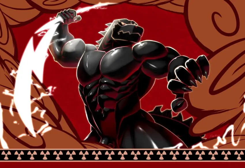 Image cowboy_shot,highres,solo,1boy,absurdres,male,nude,penis,furry,muscular,muscular_male,male_only,yaoi,anthro,cloud,bara,frown,male_focus,abs,anthro_only,meme,pectorals,furry_male,large_pectorals,foreshortening,penis_peek,electricity,godzilla_(series),parody,serious,godzilla,hercules_(disney),zeuszilla,hercules_(1997),fine_art_parody,holding_lightning_bolt,style_parody,electrokinesis,dinosaur_boy,fiberll,greek_painting_style,here_comes_zeuszilla_(meme)