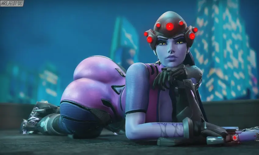 Image female,highres,solo,blue_hair,lying,ass,bubble_butt,thighs,orange_eyes,watermark,solo_female,thick_ass,3d,blender,glowing_eyes,footwear,latex,bodysuit,lying_on_side,fully_clothed,blurry_background,overwatch,overwatch_2,blue_skin,blender_(software),widowmaker,full_color,no_penetration,no_sex,hasfeldt