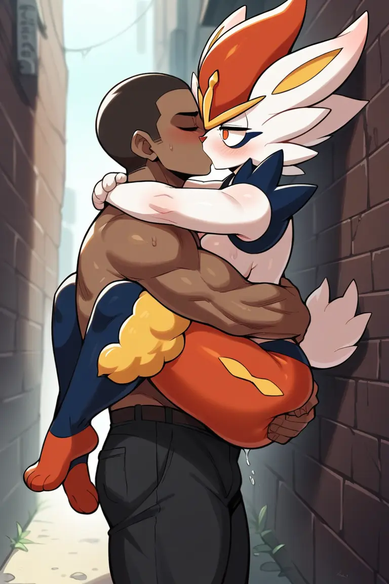 Image male,pokemon,pokemon_(species),big_ass,big_butt,huge_ass,dark-skinned_male,ai_generated,kissing,pokémon_(species),toned,cinderace,lifted_by_another,toned_male,leg_lock,huge,human_on_pokemon