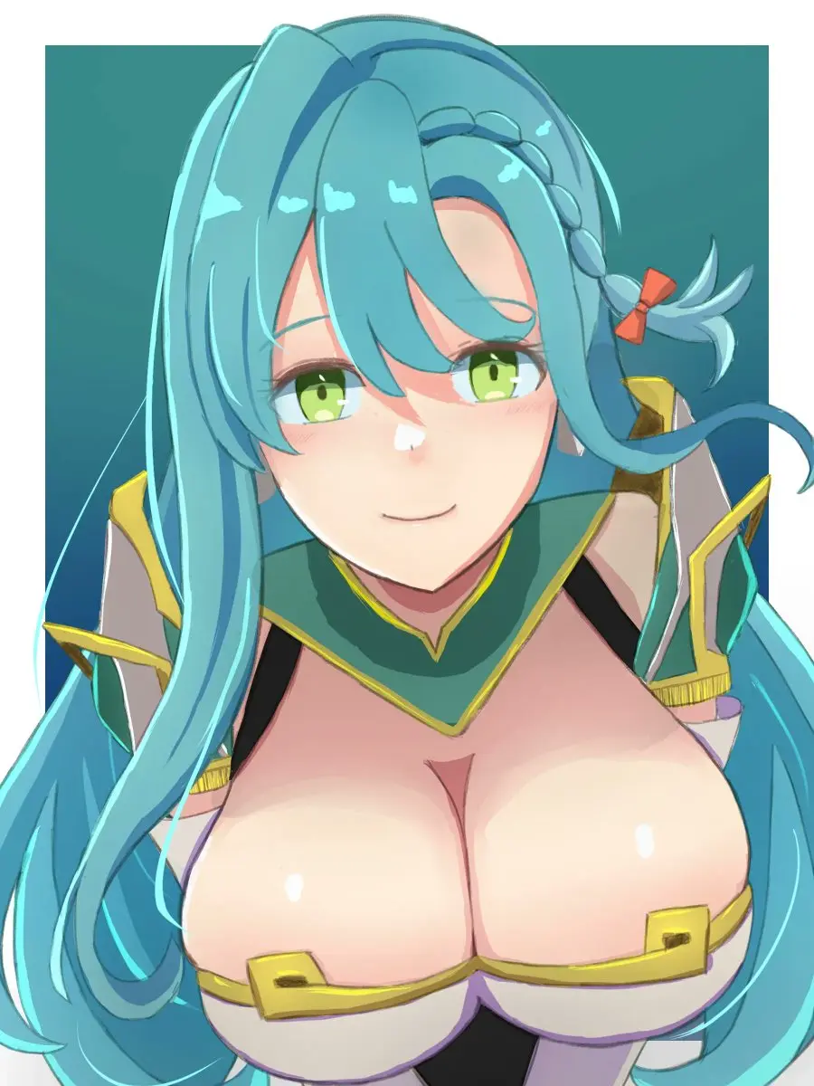 Image 1girls,bow,breasts,female,female_only,highres,large_breasts,long_hair,solo,absurdres,aqua_hair,cleavage,green_eyes,nintendo,braid,closed_mouth,fire_emblem,fire_emblem_engage,more_at_source,orange_bow,chloe_(fire_emblem),light_smile,side_braid,mgnk33,teardrop_earrings