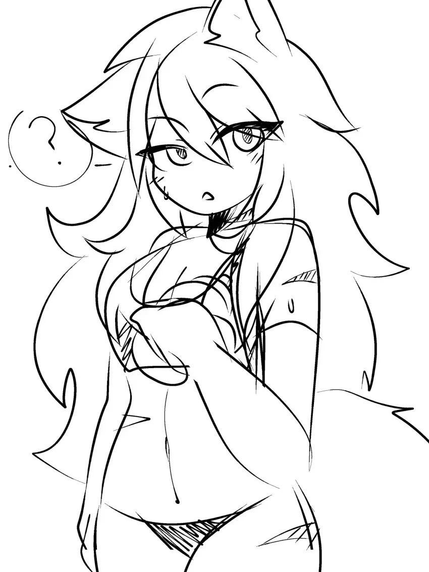 Image 1girls,female,female_only,long_hair,looking_at_viewer,solo,animal_ears,tail,panties,female_focus,sports_bra,solo_female,solo_focus,tagme,black_and_white,sketch,scars,confusion,confused,colorless,half_naked,half_nude,rough_sketch,cathie_(rivergravidade),rivergravidade