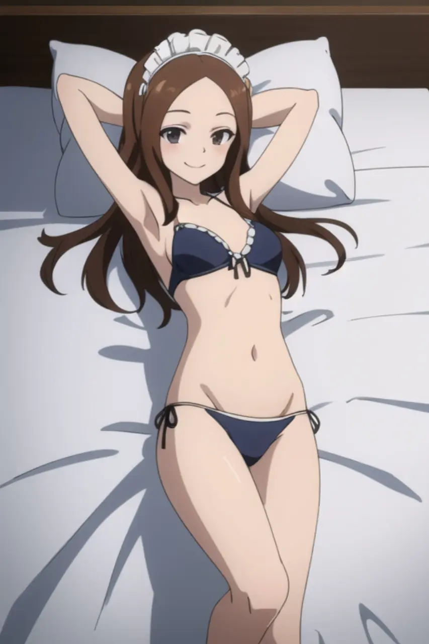 Image 1girls,breasts,female,long_hair,seductive,seductive_look,seductive_smile,armpits,ai_generated,arms_behind_head,arms_up,cleavage,2d,medium_breasts,stable_diffusion,nai_diffusion,pose,posing,brown_hair,bed,black_panties,bedroom,black_bikini,maid_headdress,2d_(artwork),2d_artwork,sensual,black_underwear,naughty_face,laying_on_back,confident,black_bra,laying_on_bed,sexy_armpits,naughty_smile,showing_armpits,maid_bikini,unconventional_maid,karakai_jouzu_no_takagi-san,takagi-san