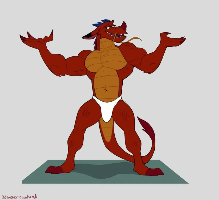 Image clothed,clothing,hi_res,smile,solo,standing,male,navel,underwear,disney,muscular,male_only,teeth,anthro,mythology,bulge,penis_outline,topless,flaccid,biceps,claws,fangs,scalie,solo_male,genital_outline,mythological_creature,dragon,mythological_scalie,detailed_bulge,eastern_dragon,mulan,genericboxhead,mulan_(1998),mushu