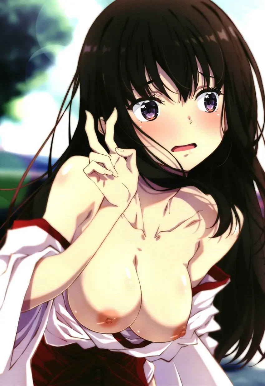 Image blush,breasts,breasts_out,female,highres,large_breasts,long_hair,nipples,no_bra,open_mouth,solo,black_hair,embarrassed,purple_eyes,outdoors,upper_body,v,japanese_clothes,non-web_source,miko,averting_eyes,inoue_takina,lycoris_recoil,izumi_mahiru