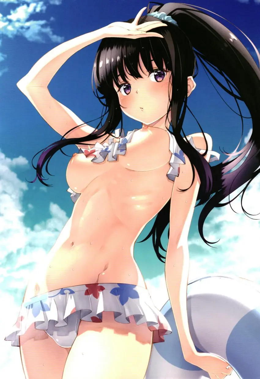 Image blush,breasts,female,highres,large_breasts,long_hair,looking_at_viewer,nipples,open_mouth,solo,black_hair,navel,bikini,ponytail,sky,swimsuit,purple_eyes,outdoors,clothes_lift,floral_print,non-web_source,bikini_skirt,bikini_top_lift,innertube,swim_ring,inoue_takina,lycoris_recoil,floral_bikini,izumi_mahiru