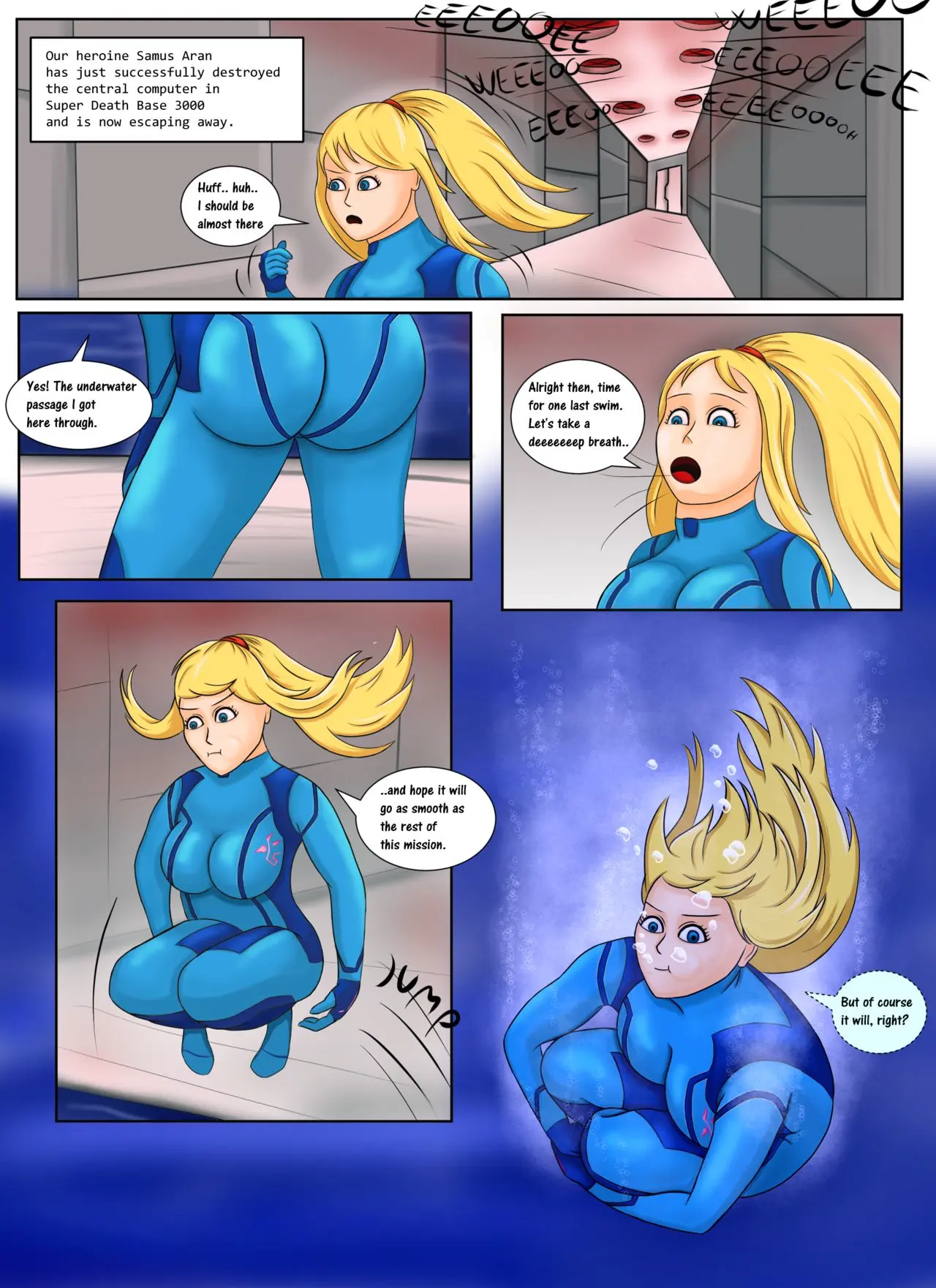 Image breasts,female,female_only,blue_eyes,ass,blonde_hair,comic,english_text,bodysuit,metroid,samus_aran,underwater,air_bubbles,comics,geldibson