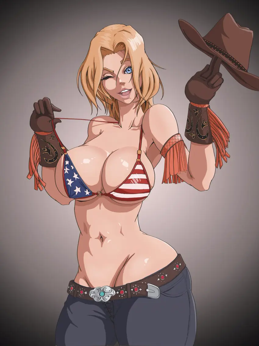 Image 1girls,big_breasts,breasts,female,female_only,large_breasts,smile,solo,blue_eyes,gloves,bikini,ass,hat,voluptuous,cleavage,huge_breasts,blonde_hair,wink,medium_hair,belt,3:4,dead_or_alive,jeans,american_flag_bikini,cowboy_hat,cowgirl,pulling_bikini_string,cowgirl_outfit,tina_armstrong,wanderagro893