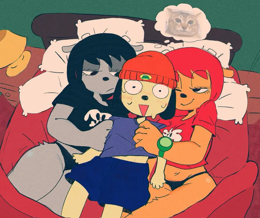 Image clothed,clothing,female,1boy,2girls,black_hair,male,red_hair,panties,horns,bed,black_panties,canine,black_eyes,grabbing,orange_skin,nervous,grey_skin,playstation,sony_interactive_entertainment,lammy_lamb,parappa,parappa_the_rapper,sony_corporation,um_jammer_lammy,wristwear,sony,adult_and_teenager,lamb,rammy,rammy_lamb,spinarooz