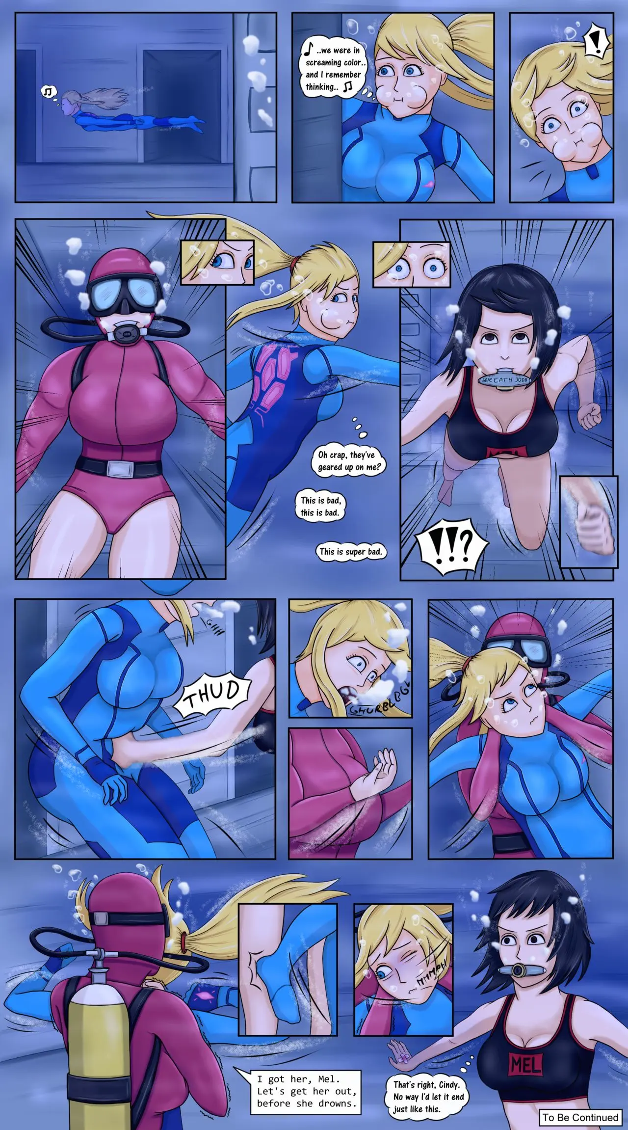 Image breasts, female, blue_eyes, multiple_girls, blonde_hair, comic, english_text, 3girls, original_characters, metroid, samus_aran, underwater, drowning, to_be_continued, air_bubbles, scuba, geldibson