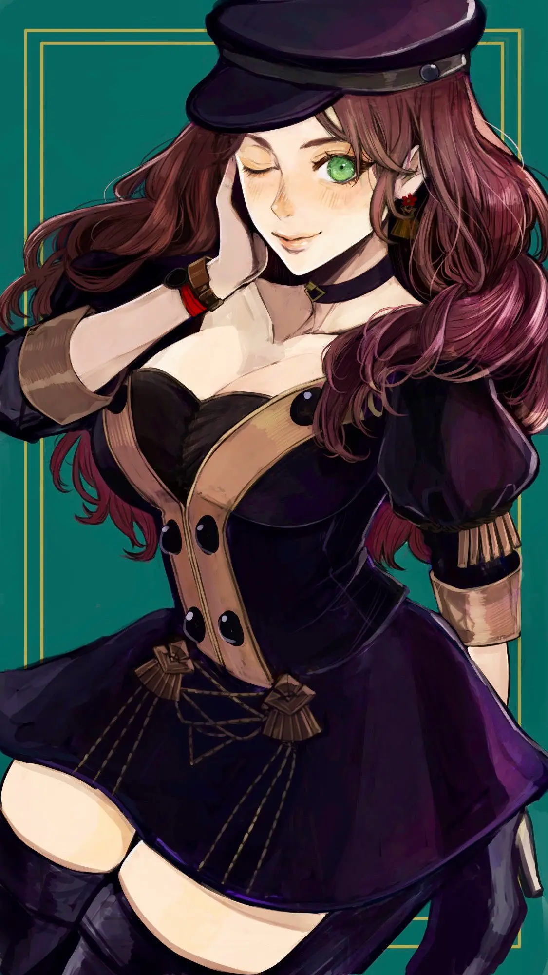 Image 1girls,blush,breasts,female,female_only,highres,large_breasts,long_hair,looking_at_viewer,simple_background,smile,solo,choker,hat,cleavage,wavy_hair,green_eyes,one_eye_closed,lips,brown_hair,nintendo,closed_mouth,black_choker,fire_emblem,fire_emblem:_three_houses,green_background,black_hat,pink_lips,garreg_mach_monastery_uniform,hand_on_own_face,dorothea_arnault,cabbie_hat,sadakadeha_nai