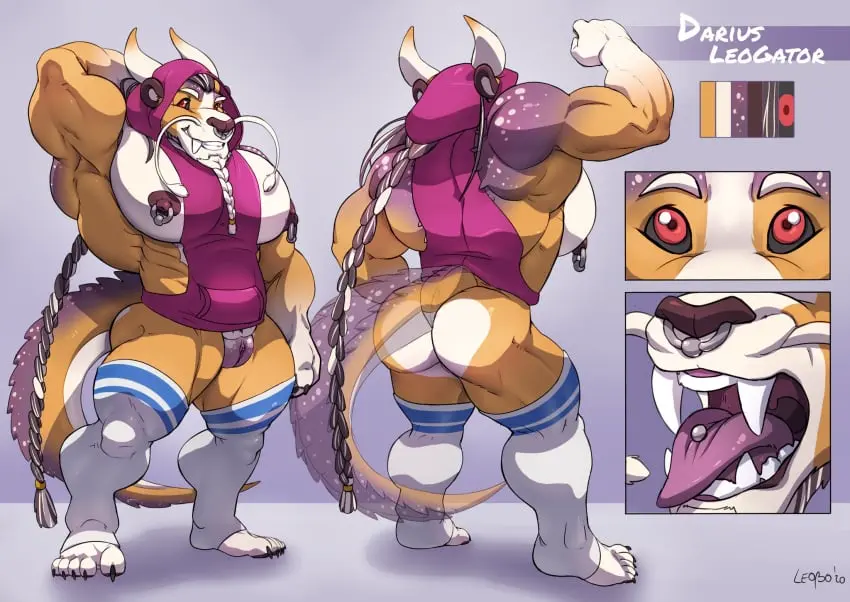 Image clothing,hi_res,nipples,solo,pussy,ass,intersex,muscular,teeth,hair,anthro,genitals,mammal,muscular_anthro,pecs,horn,fangs,reptile,scalie,cuntboy,abs,hoodie,hybrid,topwear,felid,braided_hair,lion,pantherine,facial_hair,2020,muscular_cuntboy,muscular_intersex,crocodilian,ineffective_clothing,alligatorid,alligator,darius_leogator,leobo