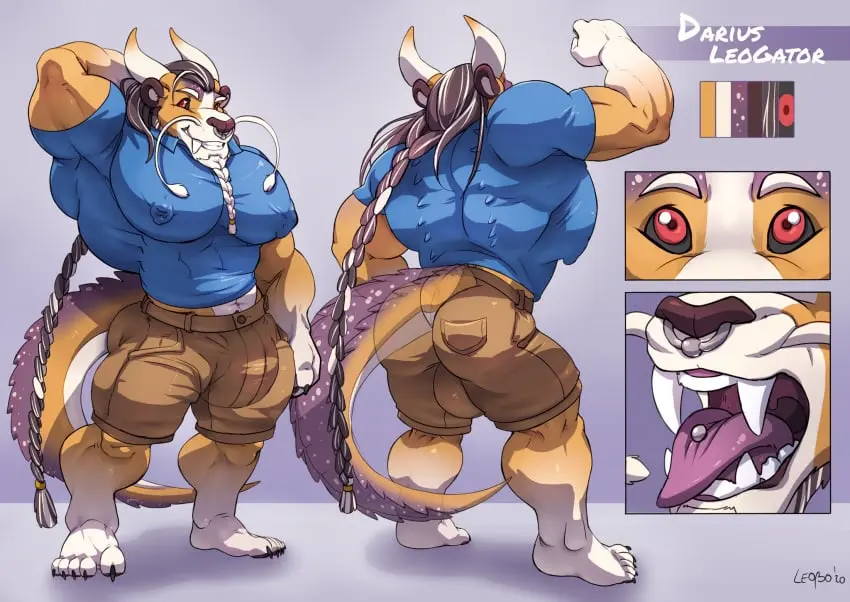 Image clothing,hi_res,nipples,shirt,solo,male,barefoot,muscular,muscular_male,feet,male_only,teeth,hair,anthro,piercing,bulge,mammal,muscular_anthro,pecs,horn,fangs,shorts,nipple_outline,reptile,scalie,nipple_piercing,abs,anthro_only,hybrid,topwear,uniform,felid,braided_hair,lion,pantherine,bottomwear,facial_hair,2020,nipple_ring,ring_piercing,crocodilian,ineffective_clothing,alligatorid,alligator,darius_leogator,leobo