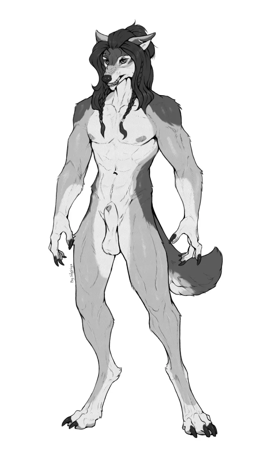 Image hi_res,nipples,solo,standing,male,penis,teeth,hair,anthro,absurd_res,canid,canine,canis,genitals,mammal,wolf,claws,scar,animal_genitalia,sheath,braided_hair,poking_out,snarling,silgiriya_mantsugosi,grey_rivers